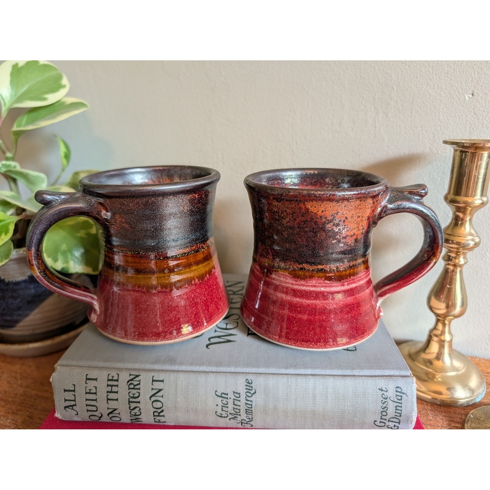 Vintage Studio Pottery Mugs Set of 2 Red Bronze Metallic Glaze Hand Thrown 4in